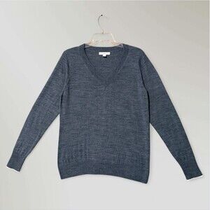 1901 Women’s V Neck Merino Wool Blend Sweater Grey Long Sleeve Buttons Size Lrg